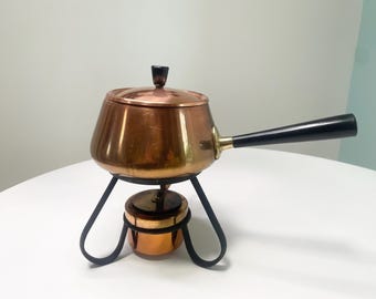 1960s Vintage Solid Copper Fondue Pot Mid Century Modern Made in Japan