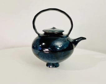 Hand Thrown Teapot Studio Art Pottery unique basket handle and deep blue glaze