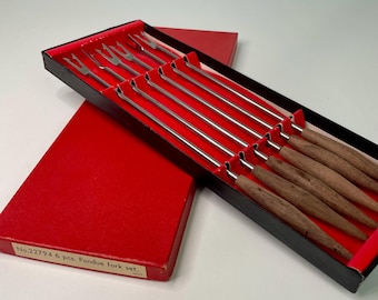 1960s Vintage (6) Fondue Forks Walnut Handles Original Box