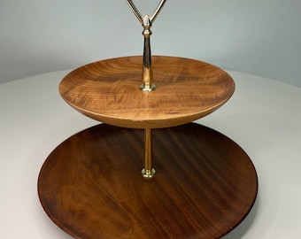 Vintage 1950s Walnut Wood 2-tier Snack Tidbit Pastry Tray Mid Century Modern