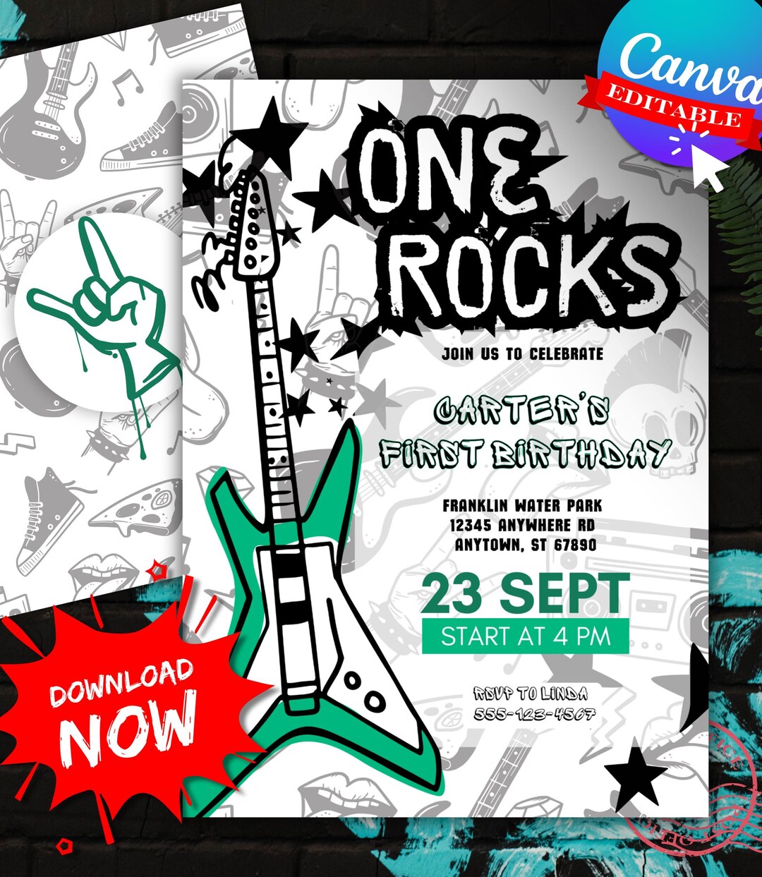 One Rocks Editable Birthday Invitation Template Printable Invite Punk ...