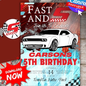 May include: A birthday invitation with a red, white, and blue color scheme. The invitation features a white muscle car with a black racing stripe and the text "Fast and 5" and "Carson's 5th Birthday". The invitation also includes the date, time, and location of the party.