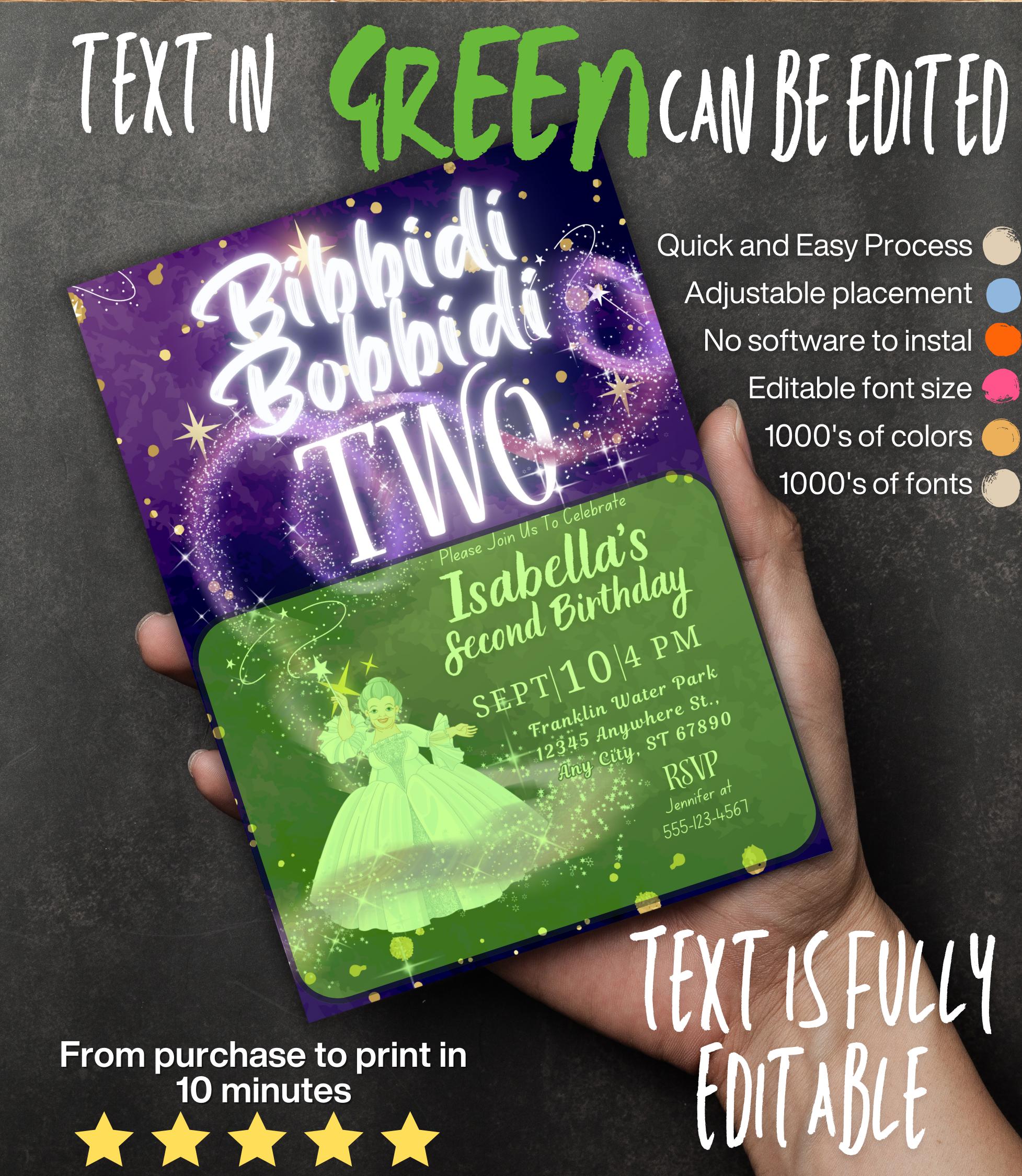 Editable Bibbidi Bobbidi Two Princess Birthday Invitation Template ...