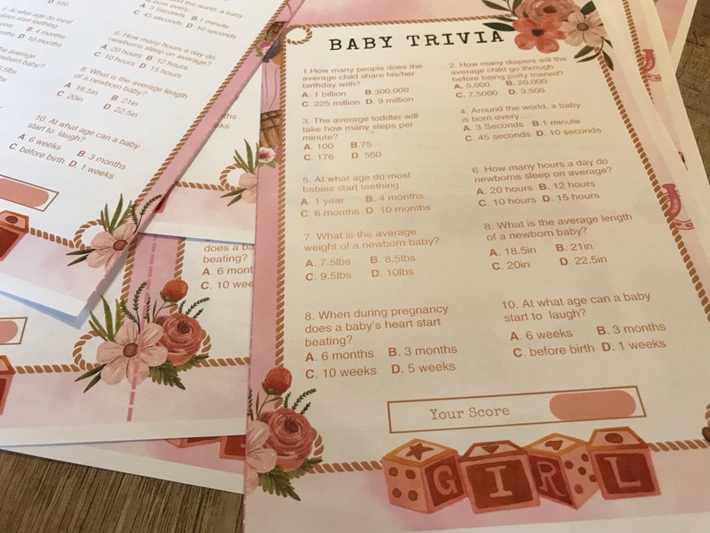 Baby Shower Trivia Game Printable Western Cowgirl Digital Download