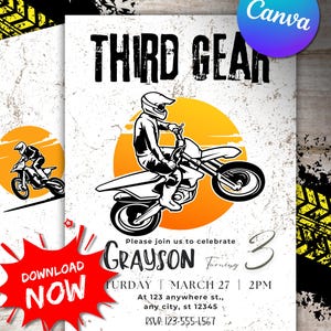 Editable Third Gear Birthday Invitation Template Printable Invite Turning 3 Canva Dirt bike Boy BD Digital Download Monster Truck Racing