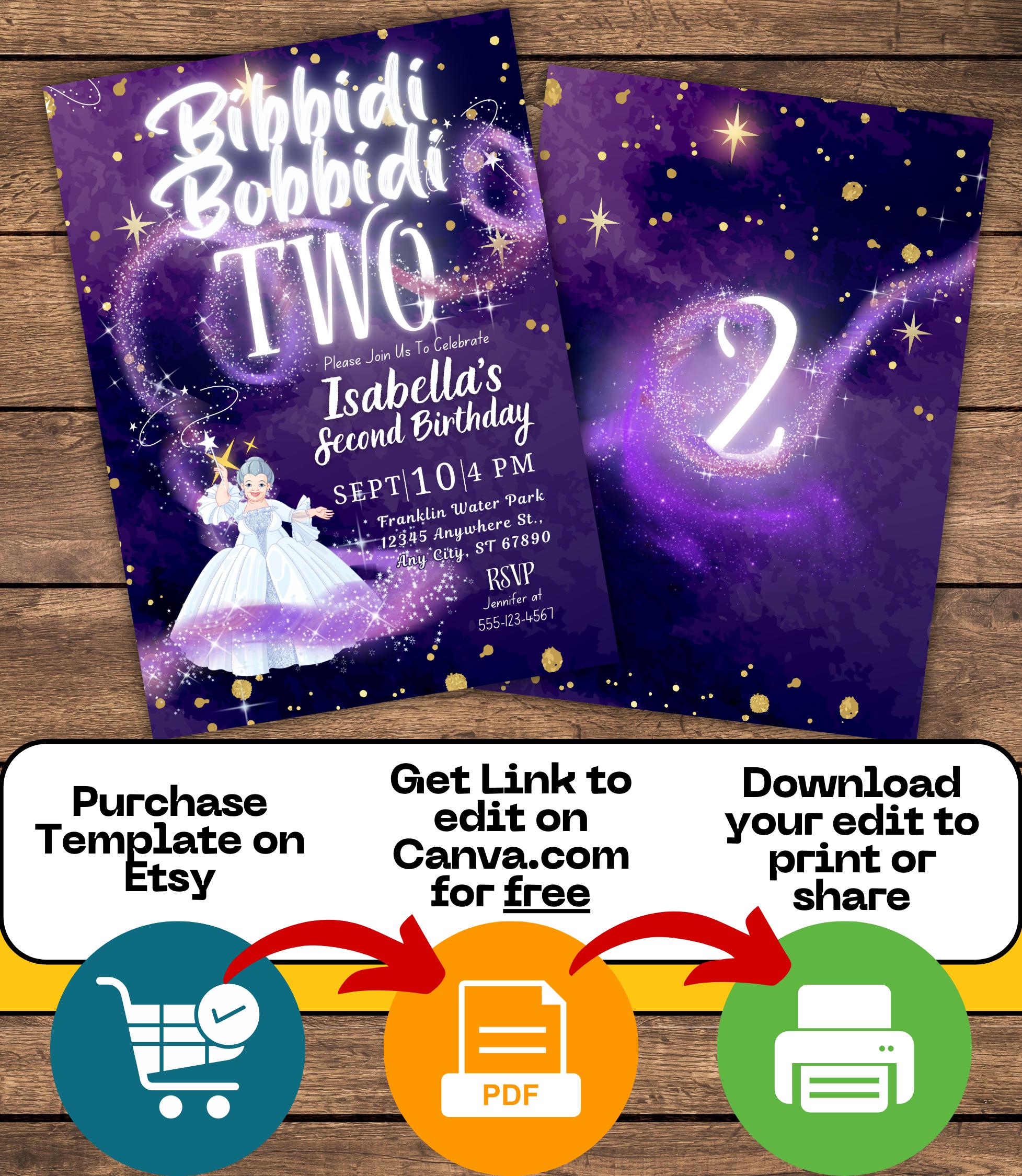 Editable Bibbidi Bobbidi Two Princess Birthday Invitation Template ...