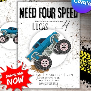 Redigerbar Need Four Speed födelsedagsinbjudningsmall utskrivbar inbjudan Turning 4 Canva Monster Truck Boy BD digital nedladdning Dirt bike-lopp