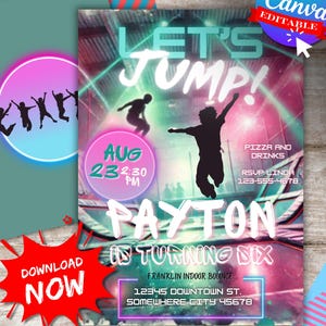 Op de afbeelding: Een neonroze en blauwe verjaardagsuitnodiging voor een trampolineparkfeest. De uitnodiging zegt "Let's Jump!" met een silhouet van een persoon die op een trampoline springt. Het feest is voor Payton die zes jaar wordt. Het feest is op 23 augustus om 14:30 uur bij Franklin Indoor Bounce, 12345 Downtown St., Somewhere City 45678.