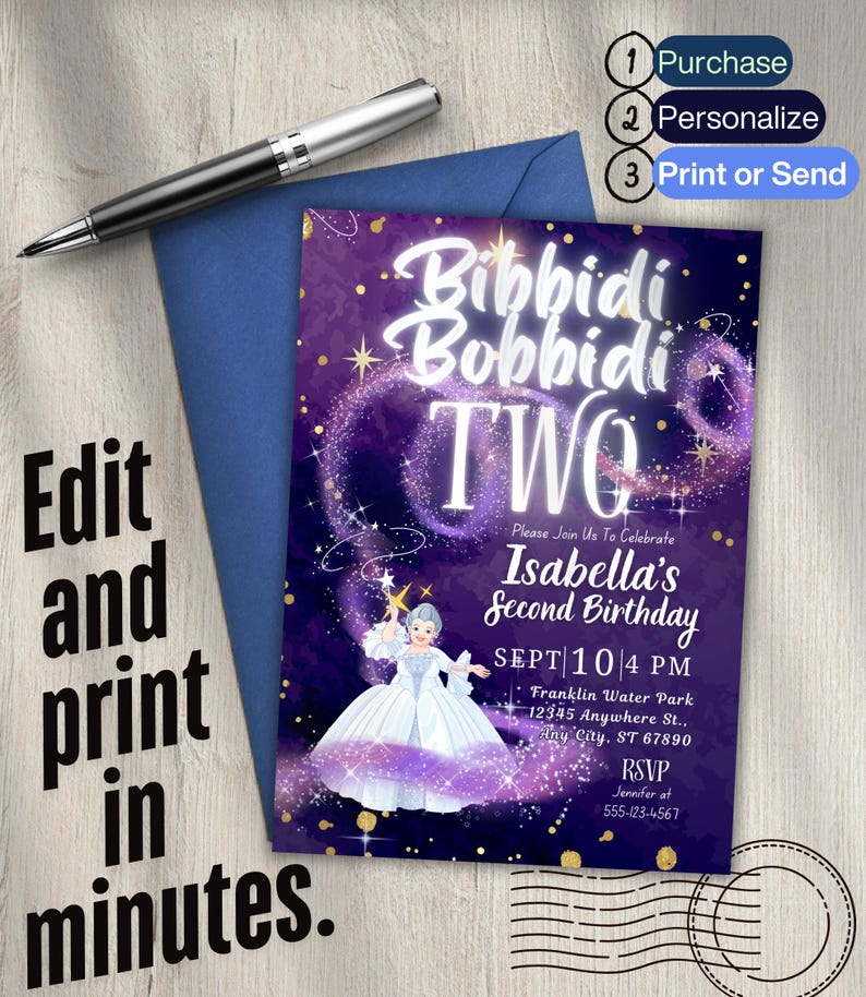 Editable Bibbidi Bobbidi Two Princess Birthday Invitation Template ...