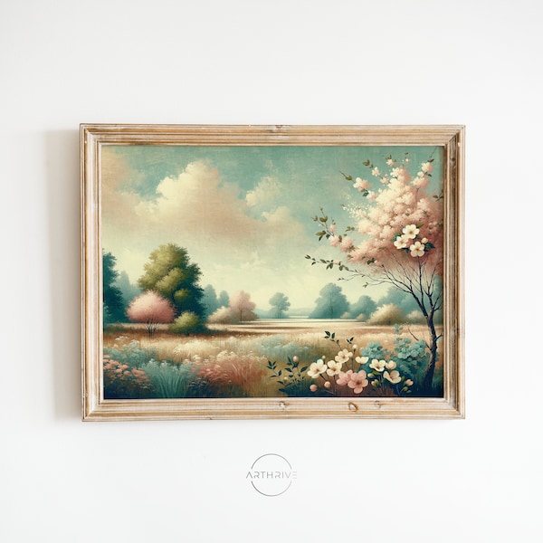 Whispering Meadows Oil-Painting | Vintage Blossom's Touch in a Misty Pastoral Scene Print | Serene Landscape DIGITAL print | Printable Art