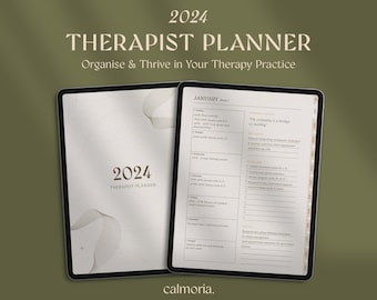 May include: A digital planner for therapists, with a white background and a gold design. The planner is open to the January page, which includes a weekly schedule, a "My Compass" section, and a "To Do" list. The planner also includes the text "2024 Therapist Planner" and "Organise & Thrive in Your Therapy Practice".
