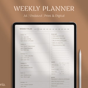 May include: A digital weekly planner displayed on a tablet, featuring a clean, minimalist design. The planner includes sections for daily schedules, to-do lists, and habit tracking. The text "WEEKLY PLANNER" and "A4 | Undated | Print & Digital" are visible.