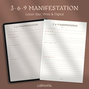 Puede incluir: Un diario de manifestación 3-6-9 imprimible con fondo blanco y texto negro. El diario está dividido en dos columnas, cada una con un encabezado que dice "3-6-9 Manifestación". El diario está diseñado para ayudar a los usuarios a manifestar sus deseos escribiendo sus afirmaciones.