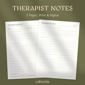 Puede incluir: Plantilla de notas de terapeuta imprimible con dos páginas. La plantilla tiene secciones para la información del cliente, las notas de la sesión y las tareas. El texto "THERAPY NOTES" está en la parte superior de cada página.