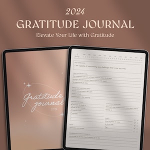 May include: A digital planner on a tablet screen with a pink and white gradient background. The planner is titled "Gratitude Journal 2024" and features a daily gratitude log, a to-do list, and a section for daily affirmations. The text "I am capable of overcoming any challenges that come my way" is at the top of the page.