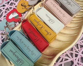 Personalized Faux Leather Lipstick Holder Keychain | Custom Initial Charm