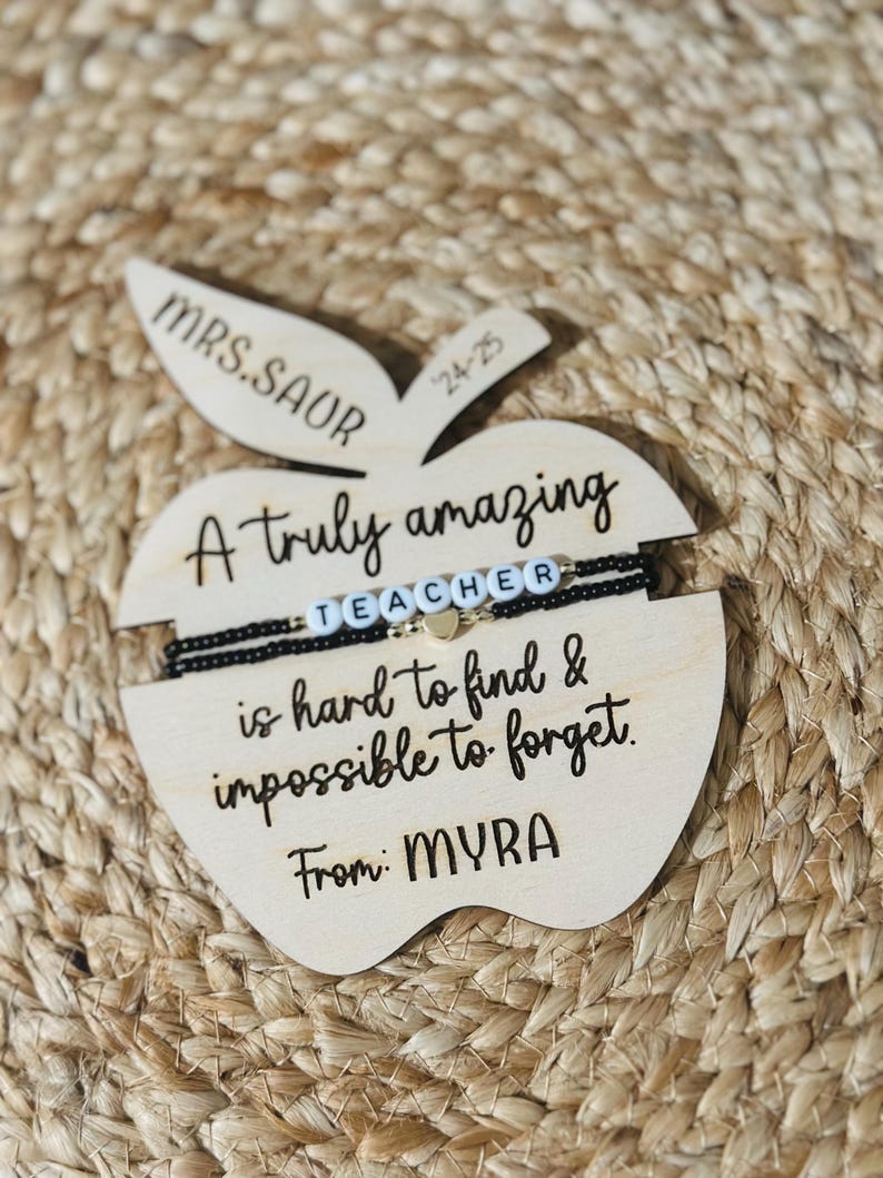 Personalized Teacher Bracelet Gift: Engraved Wooden Apple, Beaded Charm ...