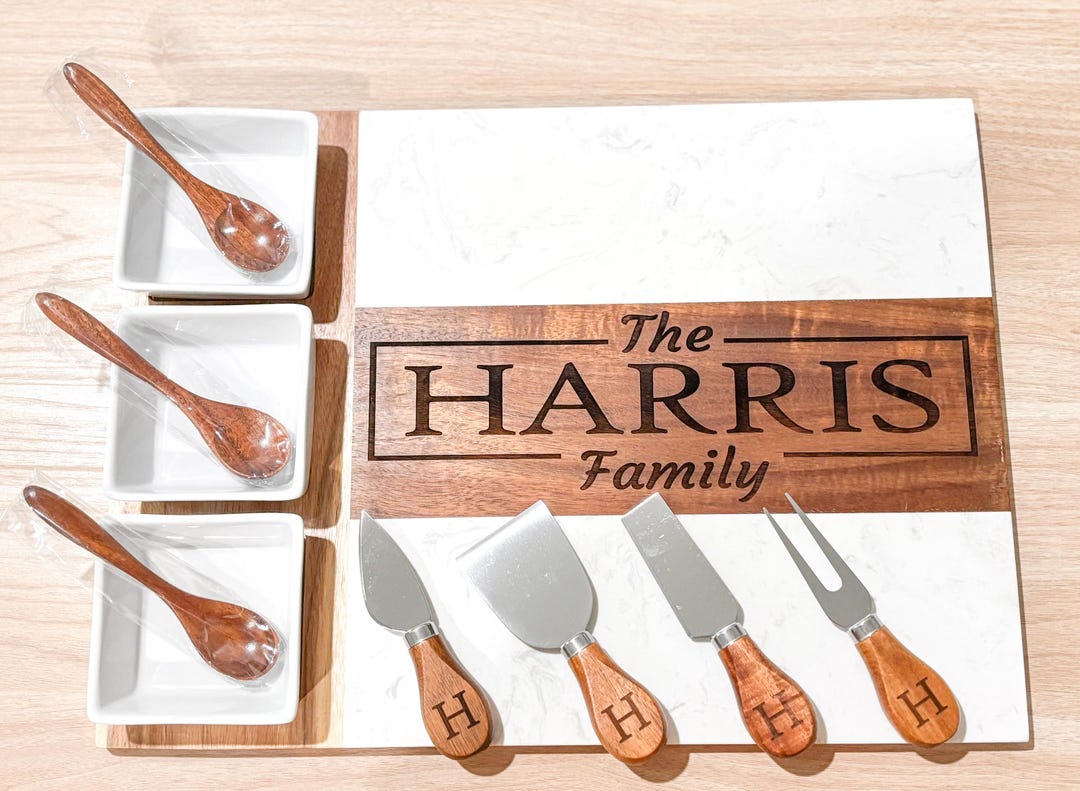Personalized Marble & Acacia Charcuterie Board Set: Engraved Family ...