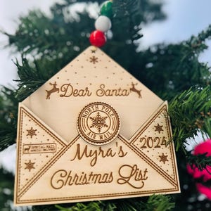 Adorno de carta a Papá Noel, adornos de carta a Papá Noel personalizados, adorno de madera con carta de Papá Noel, adorno de carta a Papá Noel personalizado, adorno de Navidad