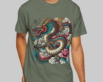 Japanese Dragon T-Shirt: Bold Tattoo Art Tee with Clouds, Flowers, and Mythical Dragon Design