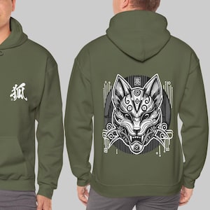 Moletom com capuz e máscara de kitsune, máscara de raposa japonesa, kitsune japonesa, estética japonesa, roupas japonesas, moda urbana Harajuku, suéter de raposa kitsune