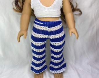 White halter top with blue and white striped flared leggings for 18in dolls /summer/beach/ dolls