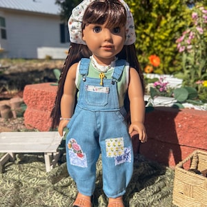 Patchwork barrel overalls and green tank and accessories pack for 18” dolls