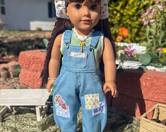 Patchwork barrel overalls and green tank and accessories pack for 18” dolls