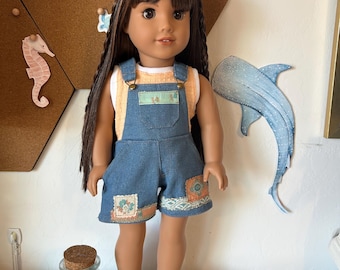 Patchwork shortoveralls and peach tank top for 18” dolls