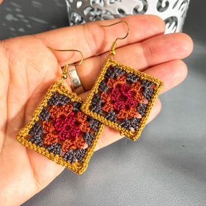 Handmade Micro Crochet Granny Square Earrings – Eco-Friendly, Natural Cotton, Lightweight Boho Jewelry