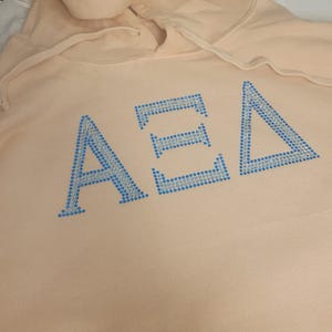 May include: A peach-coloured hooded sweatshirt with the letters "ΑΕΔ" in blue rhinestones.