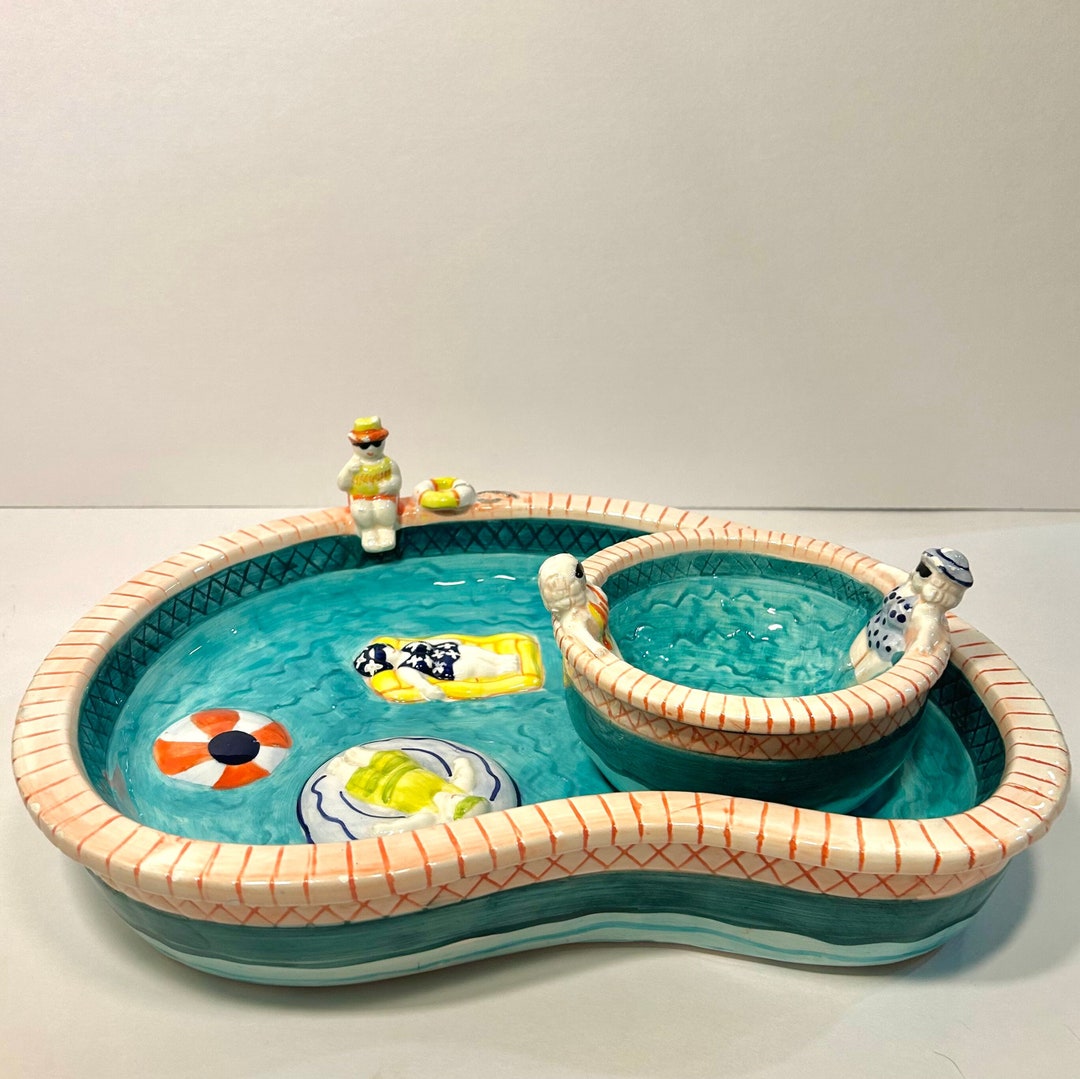 Rare Vintage 1990's Ceramic Swimming Pool Chip Dip Party Bowl Set