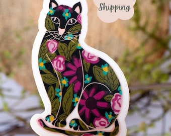 Black Cat Vinyl Sticker Floral Waterproof Decal For Laptop Cute Sticker for Birthday Gift  for Cat Mom or Cat Lover Maximalist Journal Decor