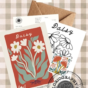 May include: A collection of paper stationery including a red card with white daisy illustrations and the text Daisy and April Flor de Nacimiento, a black and white daisy line art card, a brown envelope, and a circular Floriography Art Club stamp.