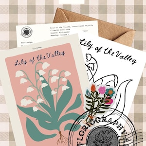 May include: An artistic arrangement featuring floral illustrations and botanical details. The design includes a pink card with a Lily of the Valley illustration, a black and white drawing, and a brown envelope. The text includes "The 47th Muse" and "Floriography Art Mail Club".