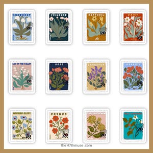 Birth Flower Stamp Stickers ,Choose your month, water bottle sticker, laptop decal, Water bottle Laptop Sticker. Vinyl Car Decal. Waterproof image 2