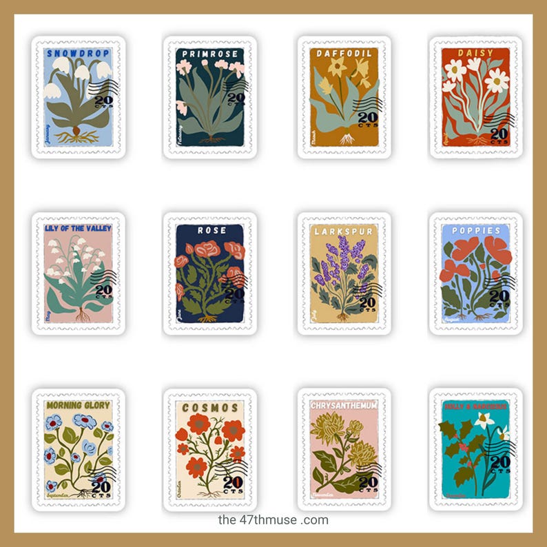 Birth Flower Stamp Stickers ,Choose your month, water bottle sticker, laptop decal, Water bottle Laptop Sticker. Vinyl Car Decal. Waterproof image 2