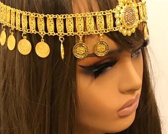 Coin Head chains for Women, Lira Jewelry, Hair Jewelry, Bohemian Gold Coin Hair Jewelry, Middle Eastern and Arab Fashion, African Jewelry