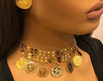 Coin choker style   Jewelry set , Lira Jewelry, Coin Jewelry Set For Women, 24k Dubai Gold Filled  Jewelry Set, Jewelry Set for Women,