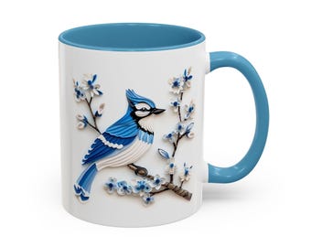 Blue Jay Bird Coffee Mug | Paper Quilling Art Ceramic Cup | Nature Garden Wildlife Kitchen Decor | Home Gift 11oz 15oz