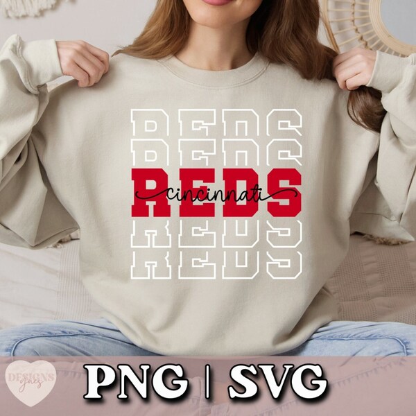 Reds SVG Cincinnati Baseball Reds Baseball Mom png Trendy Varsity Stacked Reds Baseball Team svg Sublimation Digital Download