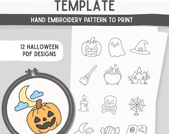 May include: An embroidery pattern template with the text "STICK AND STITCH TEMPLATE" and "HAND EMBROIDERY PATTERN TO PRINT". The image includes 12 Halloween PDF designs, including a pumpkin, ghost, witch hat, and broom.