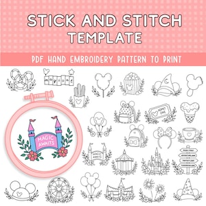May include: A stick and stitch template for hand embroidery featuring a collection of black and white line art icons related to theme parks, including a Ferris wheel, castle, and snacks, with one colored embroidery hoop showing a castle.
