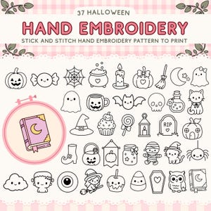 May include: A digital sheet of 37 Halloween-themed hand embroidery patterns featuring black line art icons of pumpkins, ghosts, bats, and a witch. A pink embroidery hoop displays a colored illustration of a book with a crescent moon on the cover.