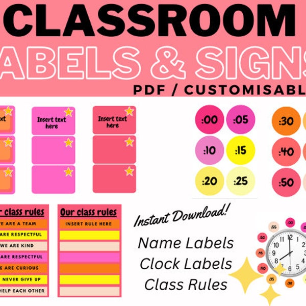 WATERMELON SUGAR - Name labels, clock labels and class rules poster pack. (PDF & editable)