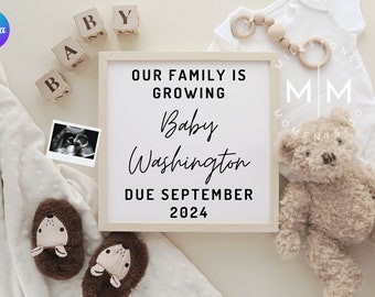 Our Family Growing Digital Pregnancy Announcement, Baby Announcement, Social Media Reveal, Editable Template, Letterboard, Cream, Download