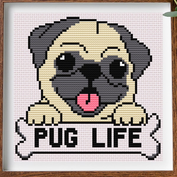 Pug life with bone cross stitch pattern - instant PDF download