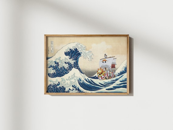 Poster One Piece Thousand Sunny dans la grande vague d'Hokusai Kanagawa | JPG 10K 300 ppp | Téléchargement numérique de haute qualité