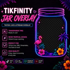 Pode incluir: Uma sobreposição gráfica digital apresentando um frasco de estilo neon com um centro transparente. O design inclui um flamingo rosa, flores tropicais de hibisco e palmeiras em cores neon vibrantes contra um fundo escuro com texto.