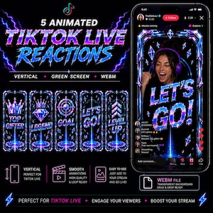 Può includere: Una visualizzazione grafica digitale con 5 reazioni animate TikTok dal vivo con effetti di fulmini blu neon e viola. Il testo recita 5 ANIMATED TIKTOK LIVE REACTIONS, VERTICAL, GREEN SCREEN, WEBM, TOP GIFTER, LEGEND, GOAL, LET'S GO e LEVEL UP.